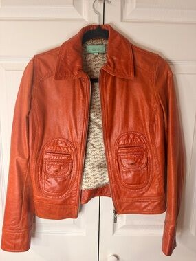 Doma Orange Leather Zip-Front Jacket with Patch Pockets